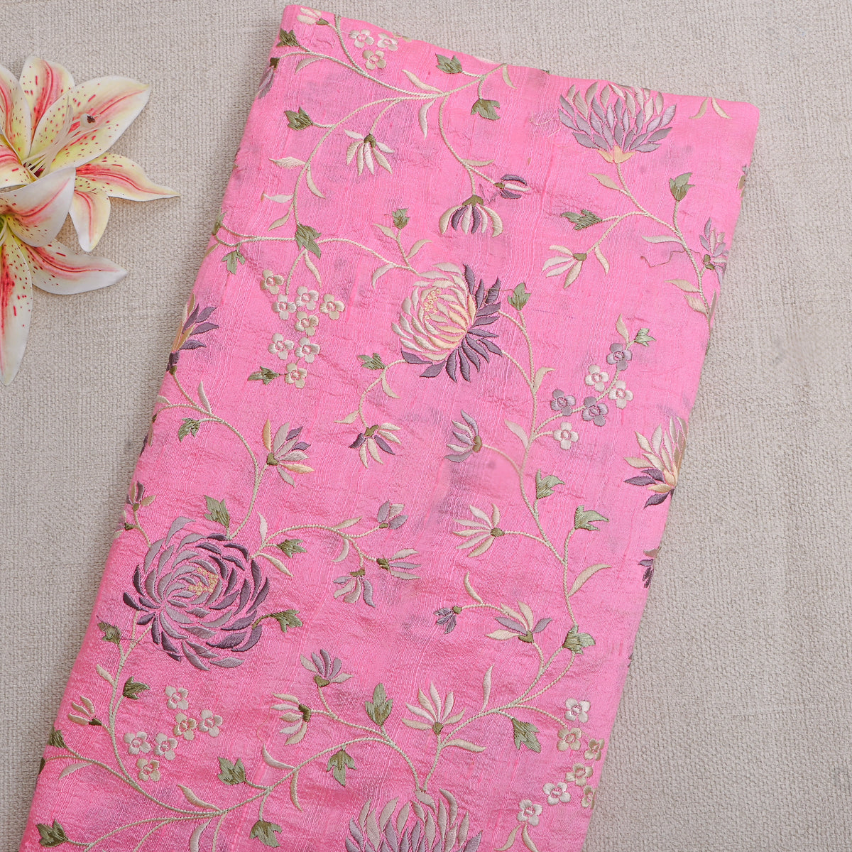 Pink Floral Jaal Thread Work Raw Silk Fabric