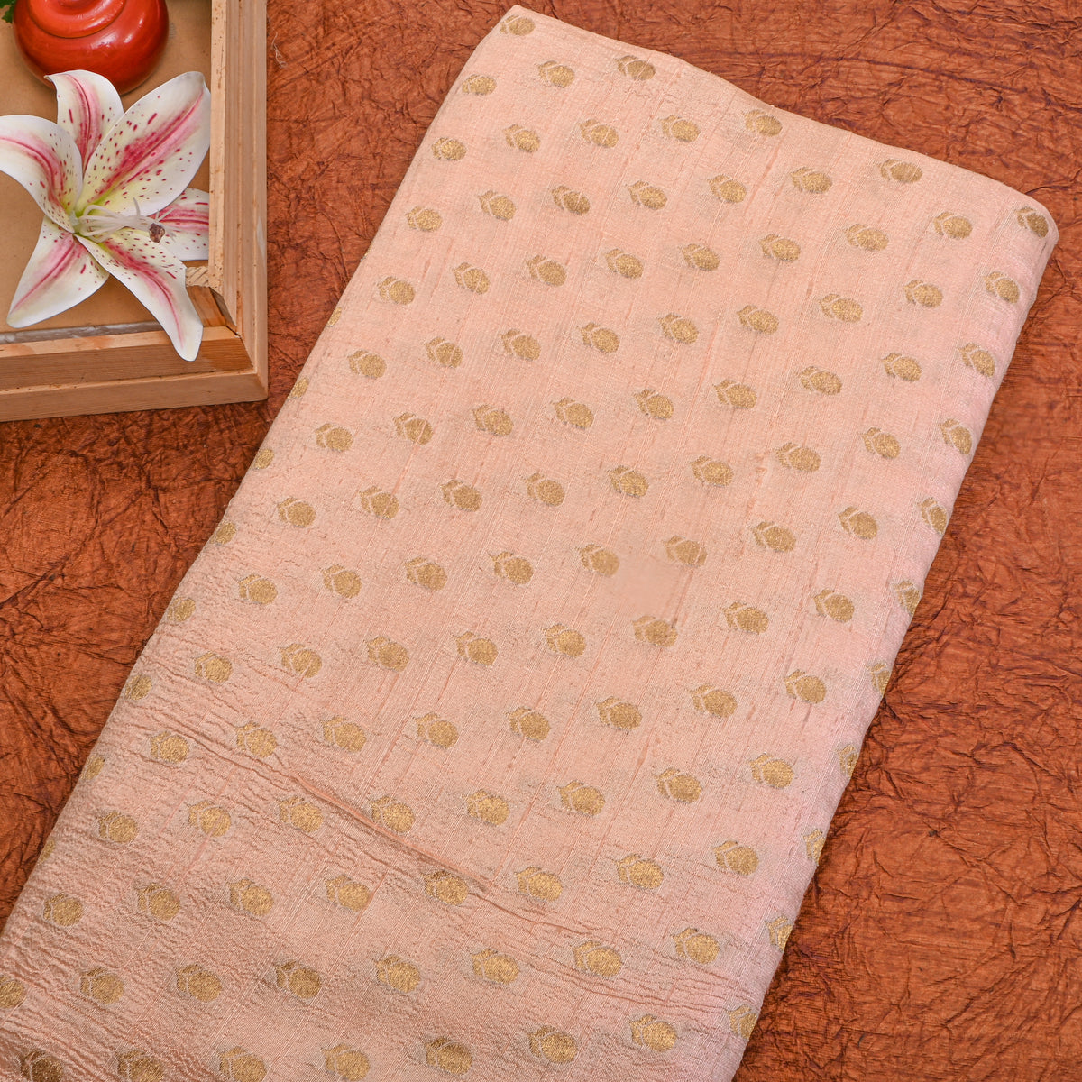 Beige Gold Zari Butti Banarasi Fabric