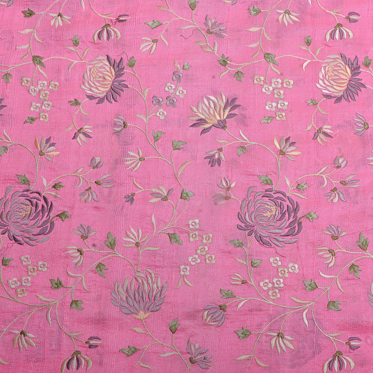 Pink Floral Jaal Thread Work Raw Silk Fabric