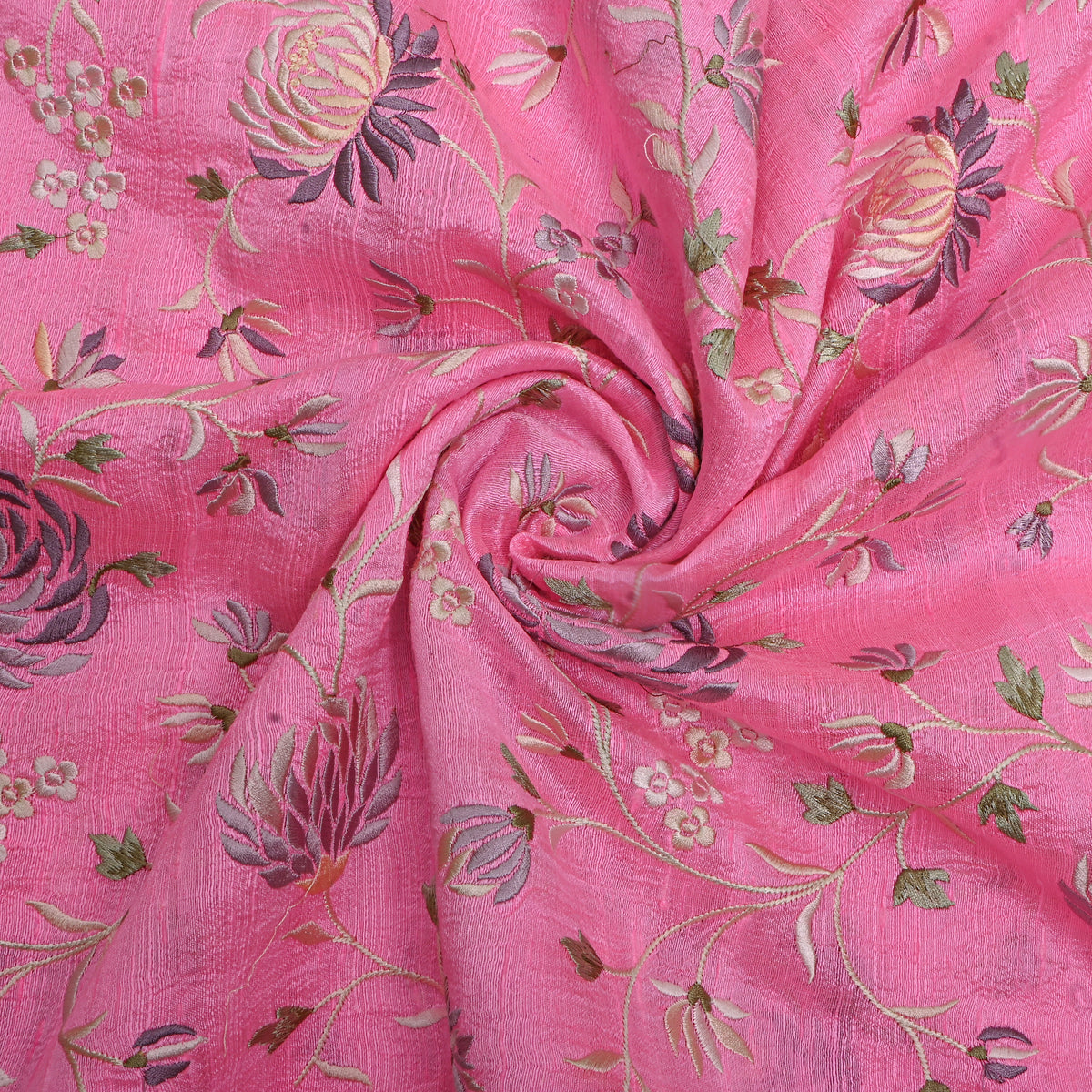 Pink Floral Jaal Thread Work Raw Silk Fabric