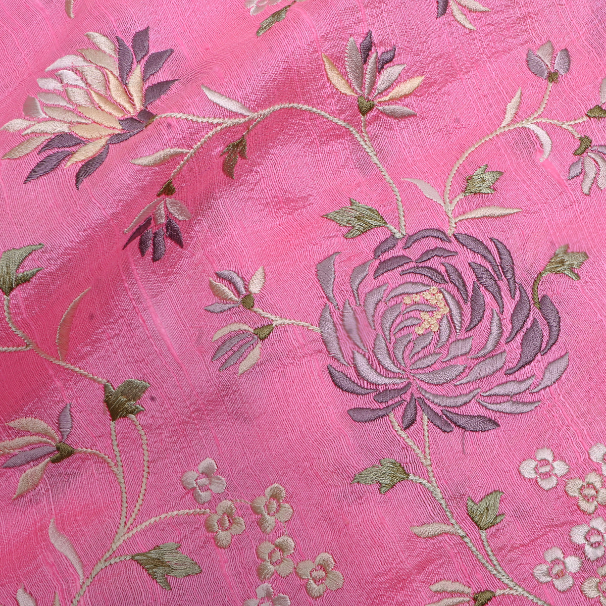 Pink Floral Jaal Thread Work Raw Silk Fabric