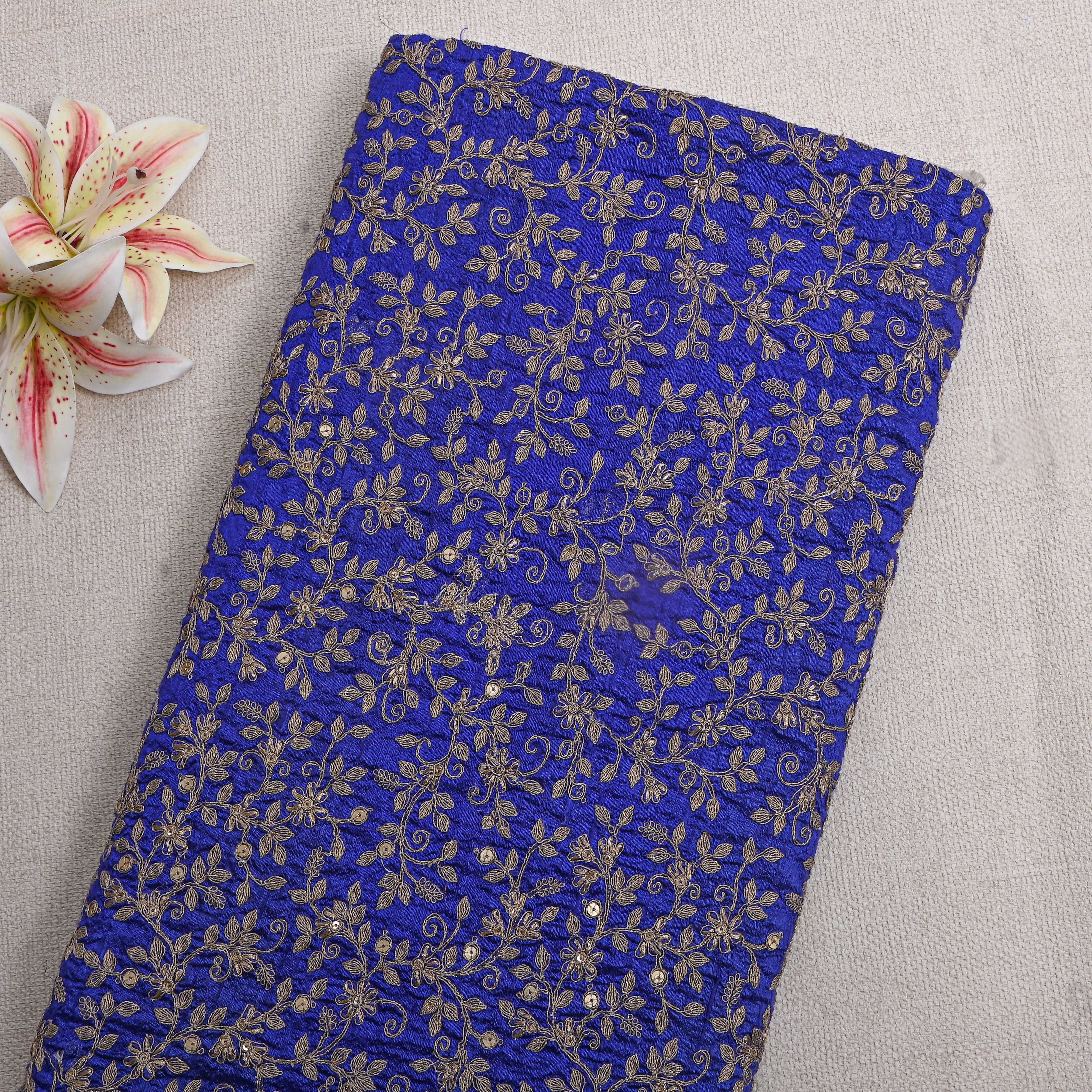 Royal Blue Jaal Embroidery Raw Silk Fabric