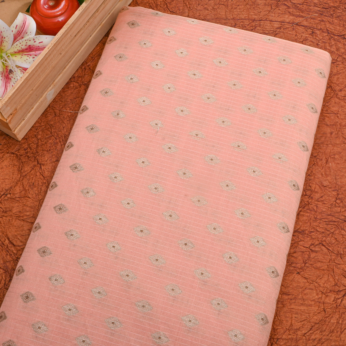 Blush Pink Banarasi Silk Fabric With Gold Zari Butti