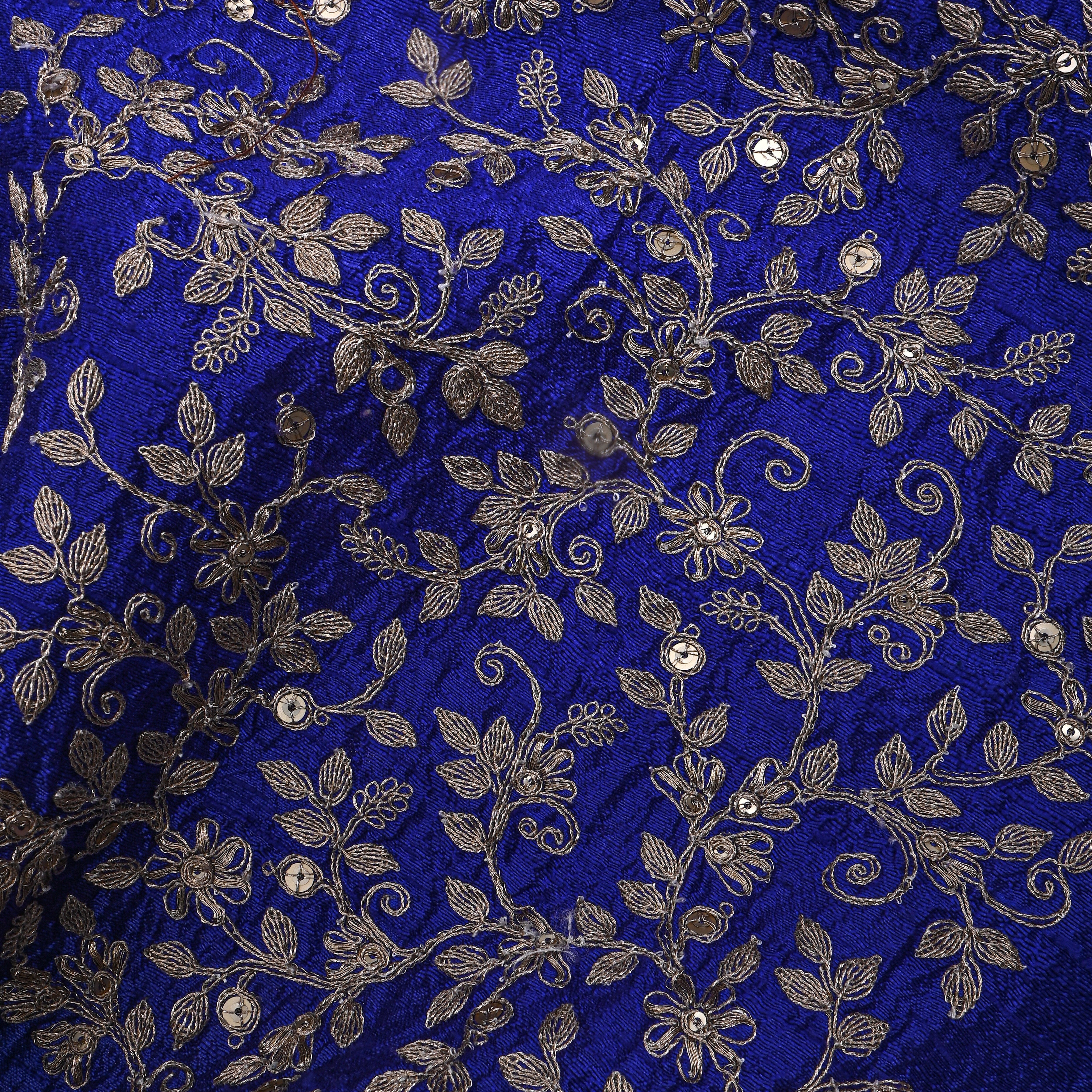 Royal Blue Jaal Embroidery Raw Silk Fabric