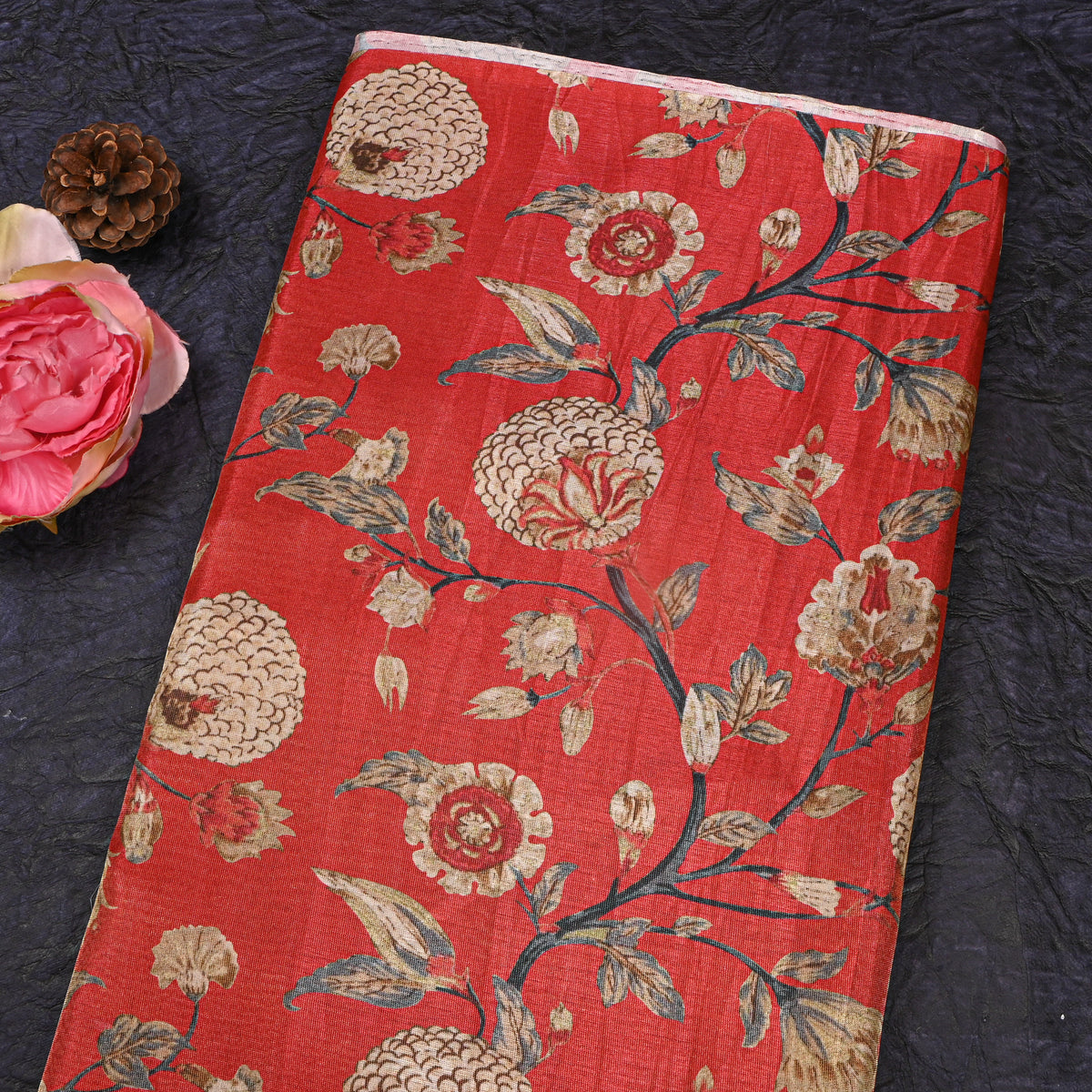 Terracotta Orange Floral Printed Tissue Fabric With Gold Zari Border