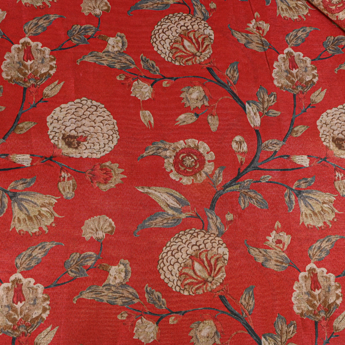 Terracotta Orange Floral Printed Tissue Fabric With Gold Zari Border