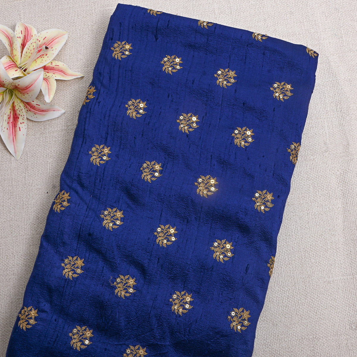 Royal Blue Gold Sequin Floral Embroidered Raw Silk Fabric
