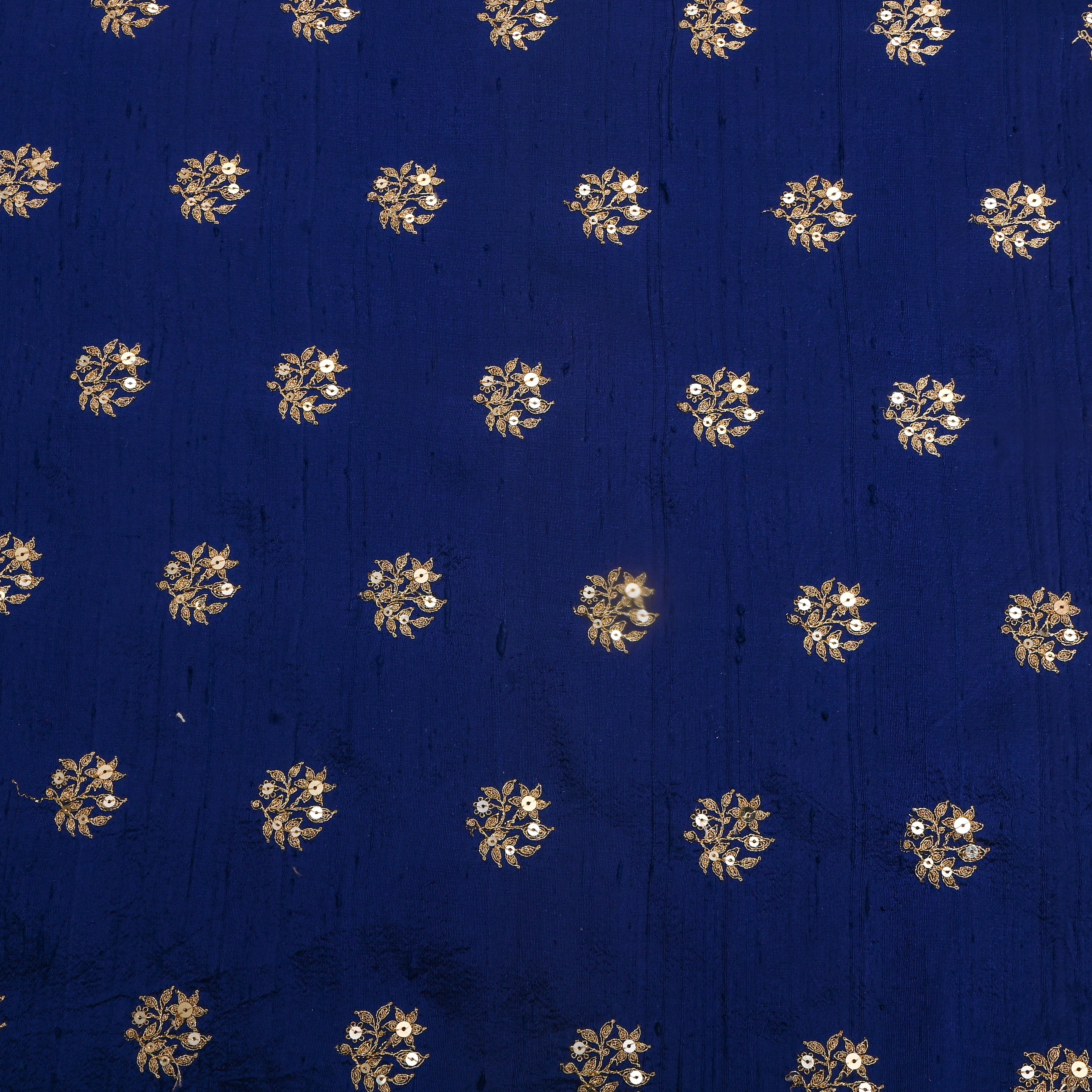 Royal Blue Gold Sequin Floral Embroidered Raw Silk Fabric