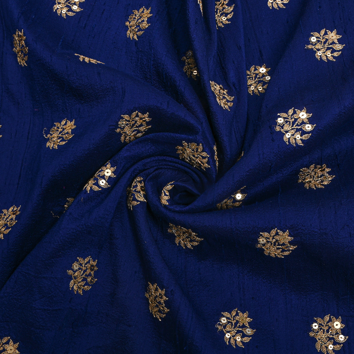 Royal Blue Gold Sequin Floral Embroidered Raw Silk Fabric