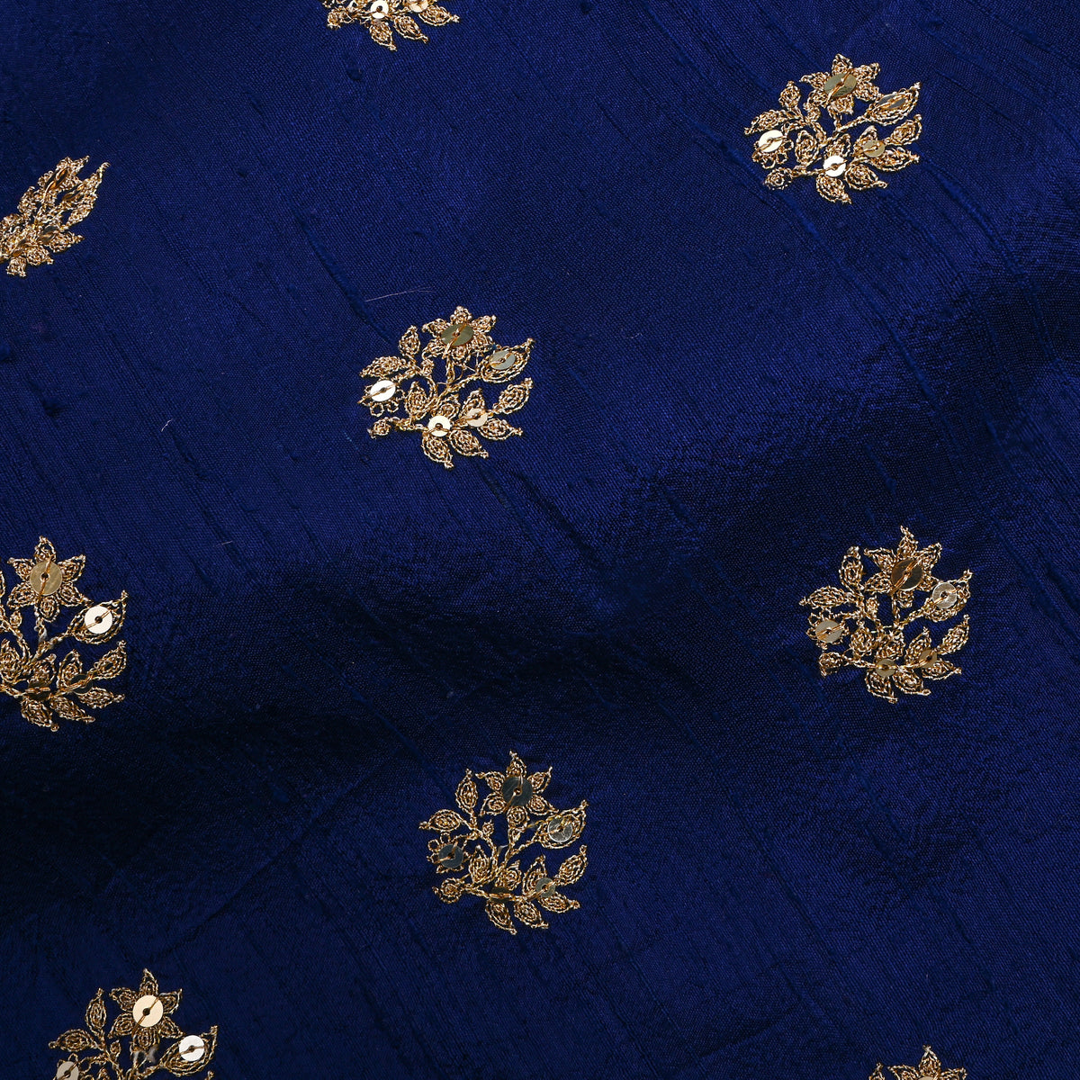 Royal Blue Gold Sequin Floral Embroidered Raw Silk Fabric