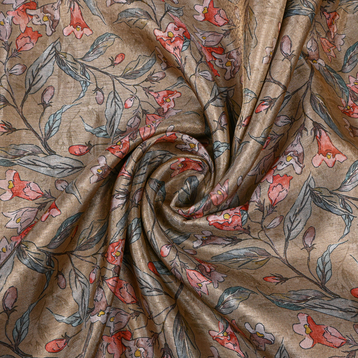 Sand Beige Vine Floral Printed Tissue Fabric