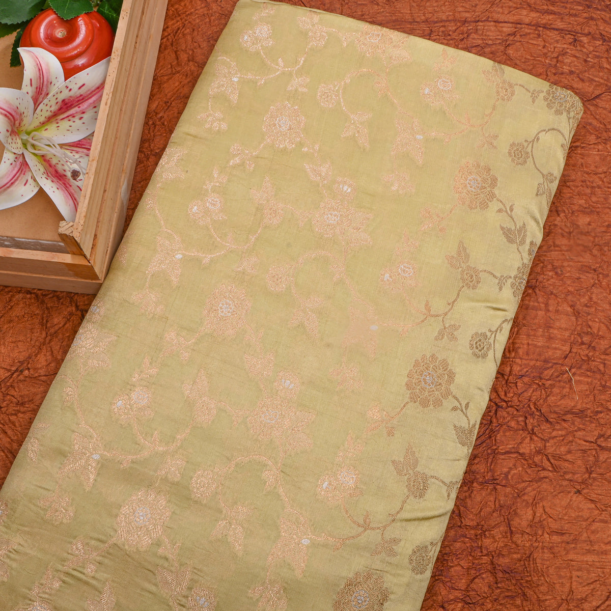 Pista Green Dual Zari Floral Jaal Banarasi Silk Fabric