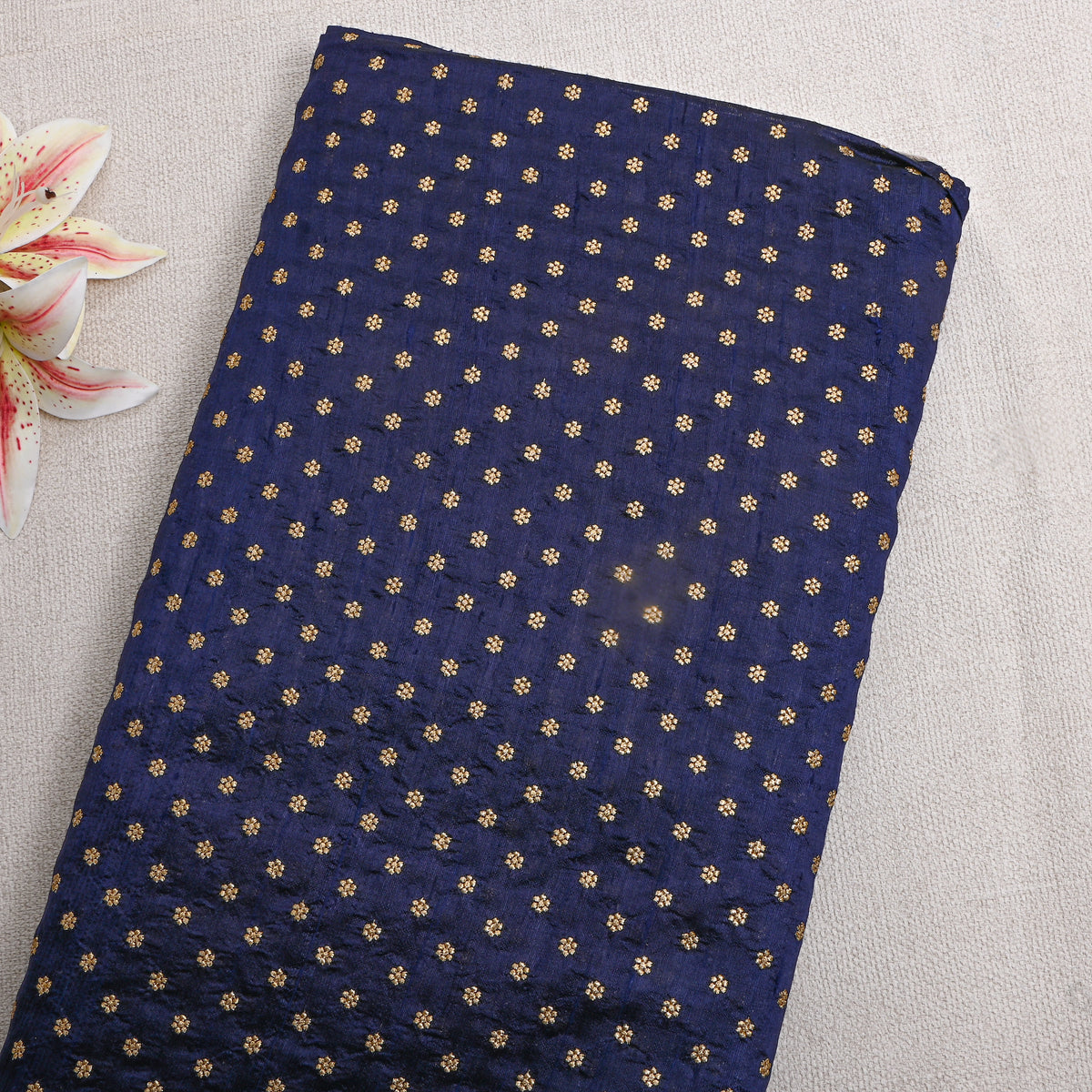 Navy Blue Gold Zari Floral Butti Raw Silk Fabric