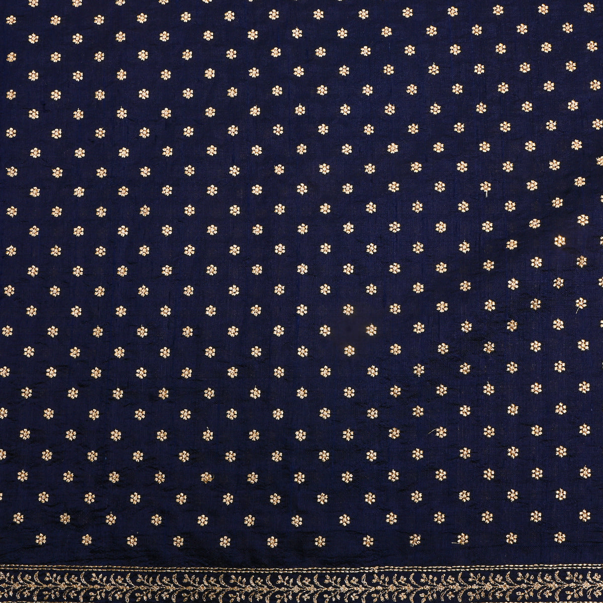Navy Blue Gold Zari Floral Butti Raw Silk Fabric