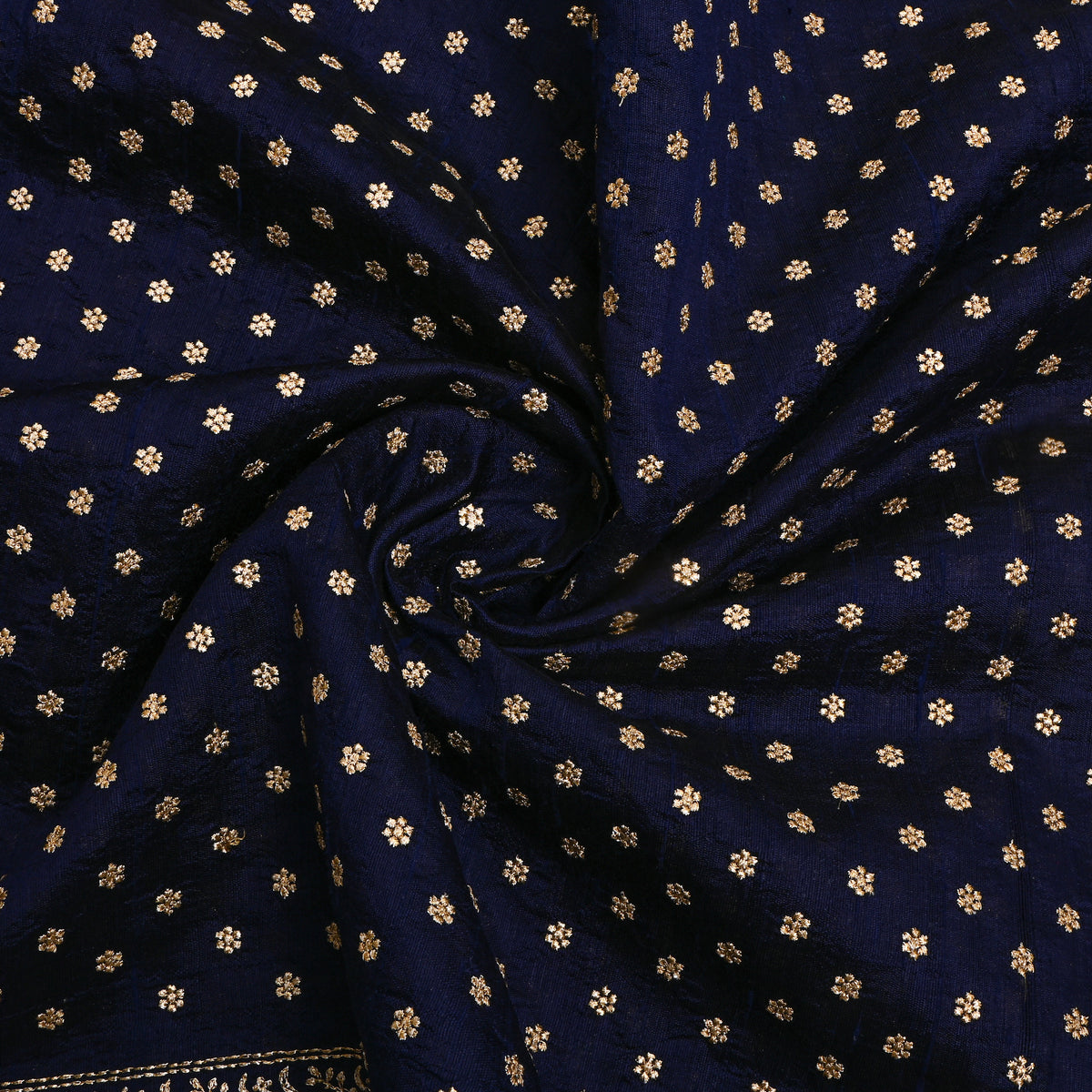 Navy Blue Gold Zari Floral Butti Raw Silk Fabric