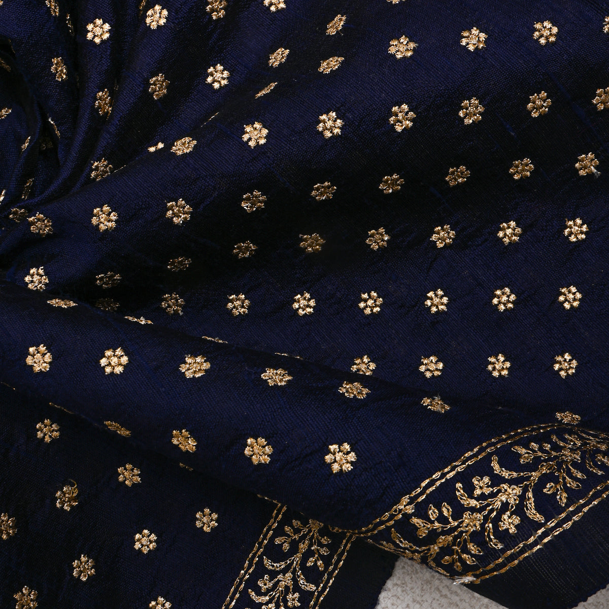 Navy Blue Gold Zari Floral Butti Raw Silk Fabric