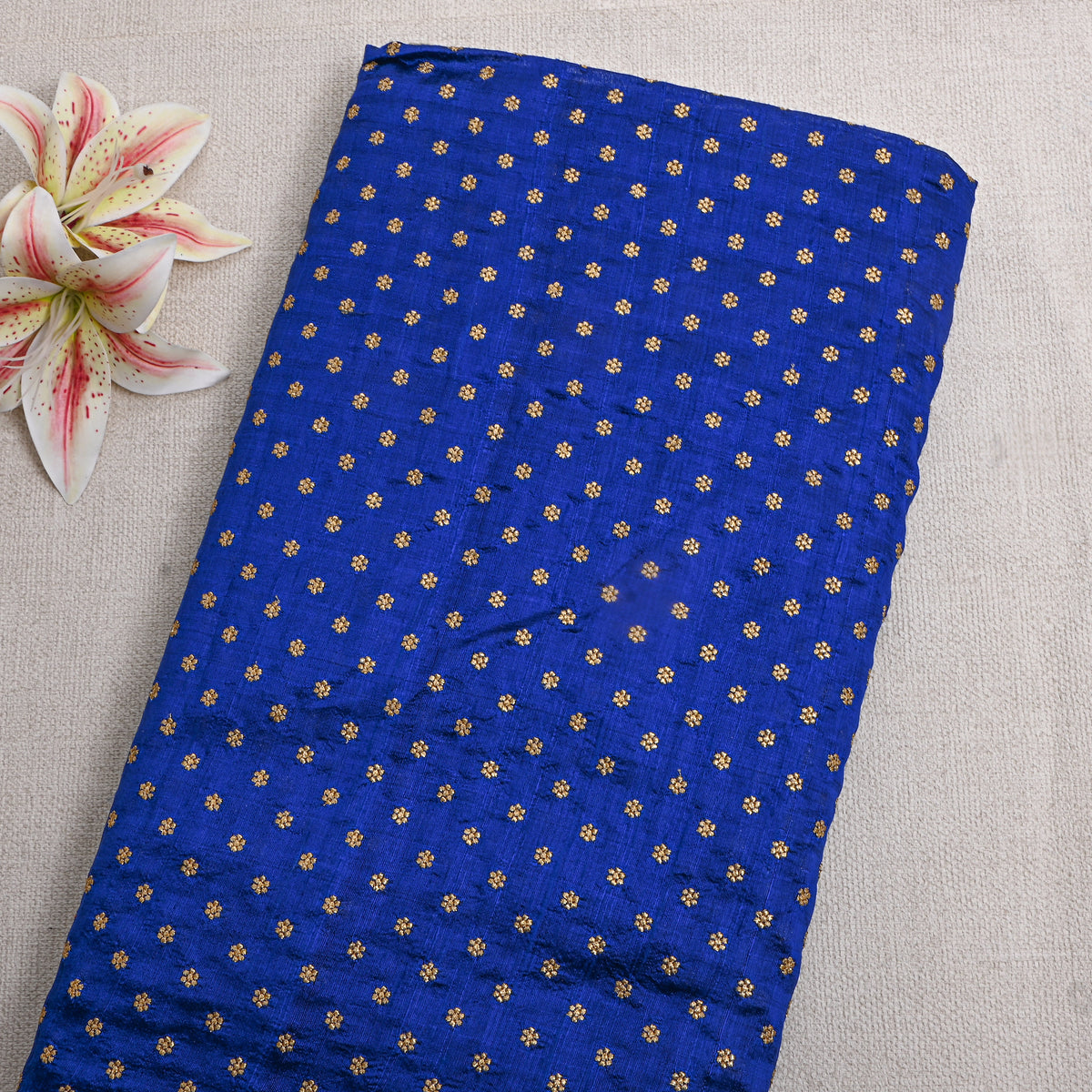 Dark Blue Gold Zari Floral Butti Embroidery Raw Silk Fabric