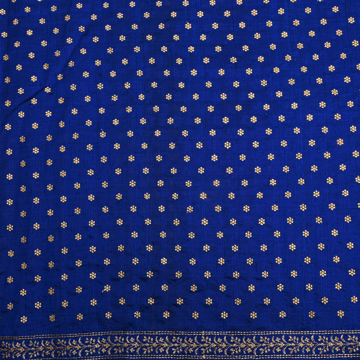 Dark Blue Gold Zari Floral Butti Embroidery Raw Silk Fabric