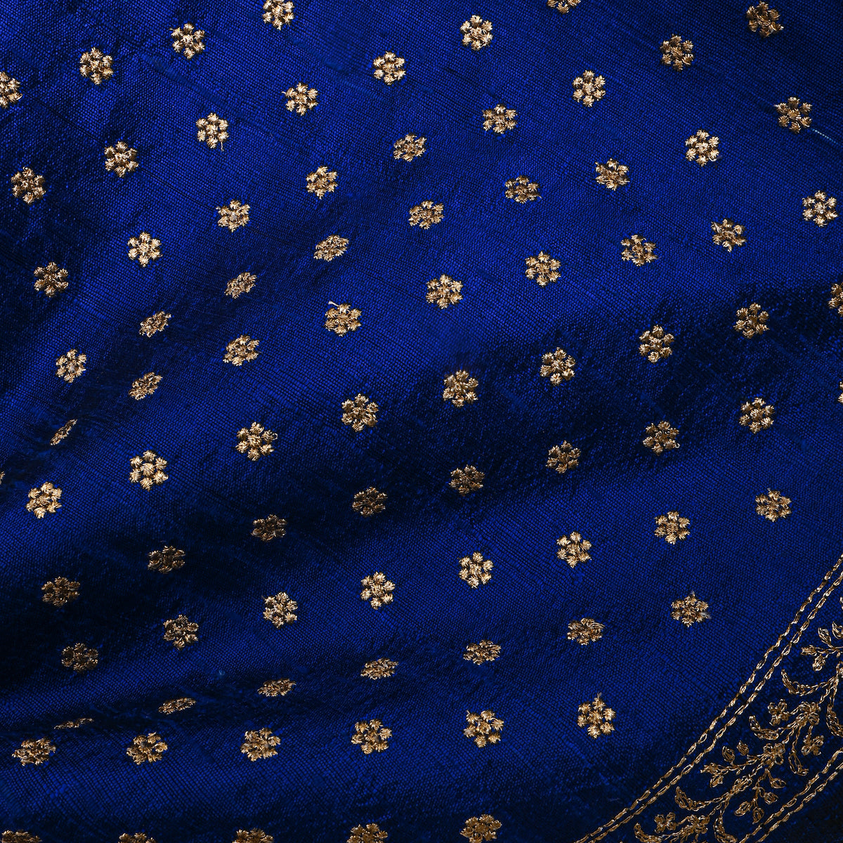 Dark Blue Gold Zari Floral Butti Embroidery Raw Silk Fabric