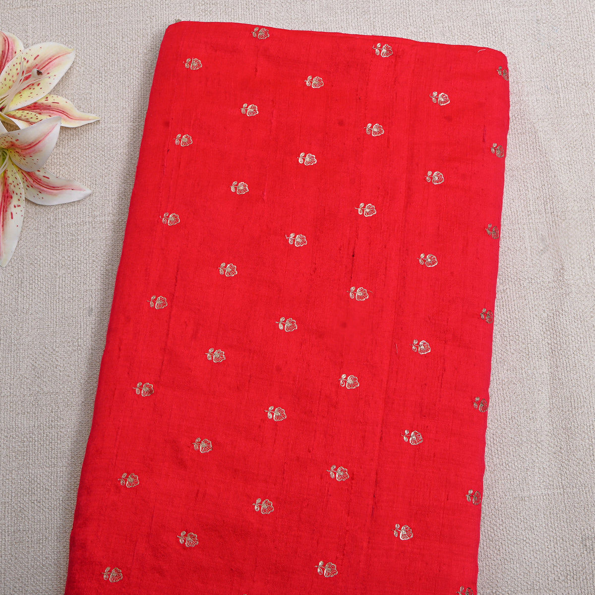 Tomato Red Silver Zari Butti Raw Silk Fabric