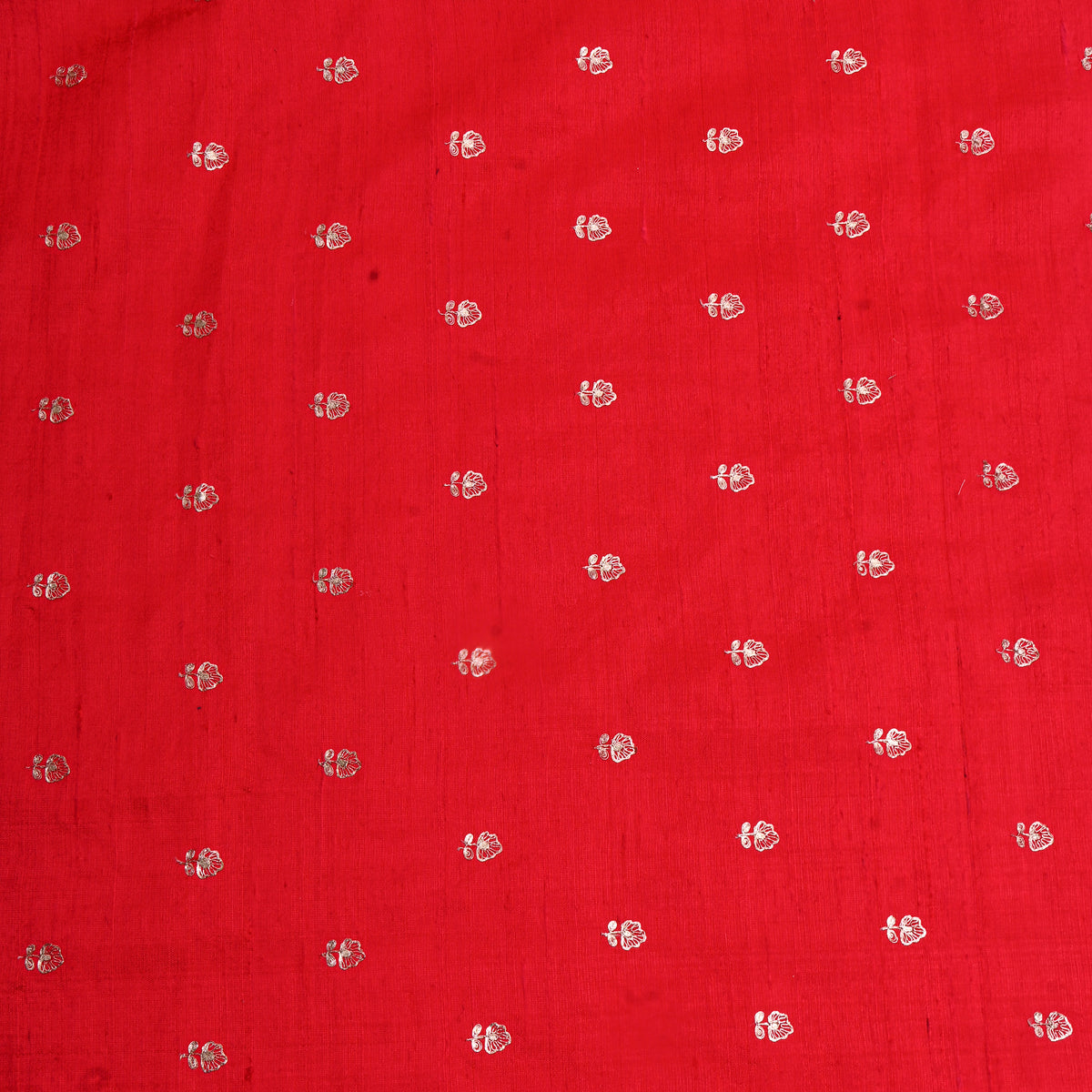 Tomato Red Silver Zari Butti Raw Silk Fabric