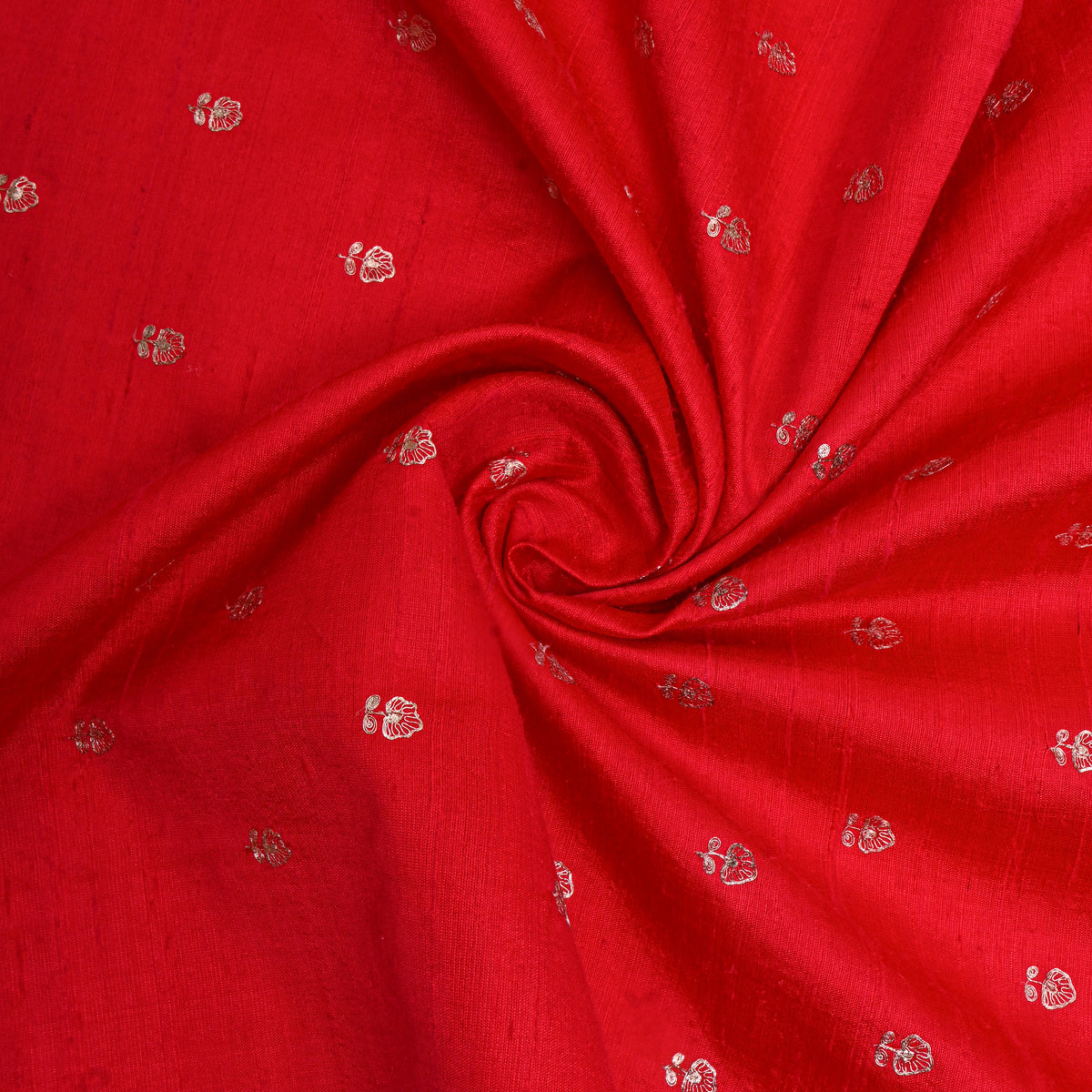 Tomato Red Silver Zari Butti Raw Silk Fabric