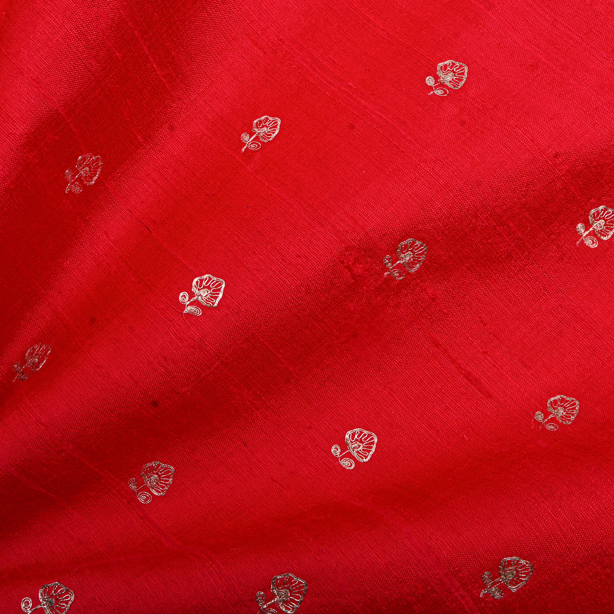 Tomato Red Silver Zari Butti Raw Silk Fabric