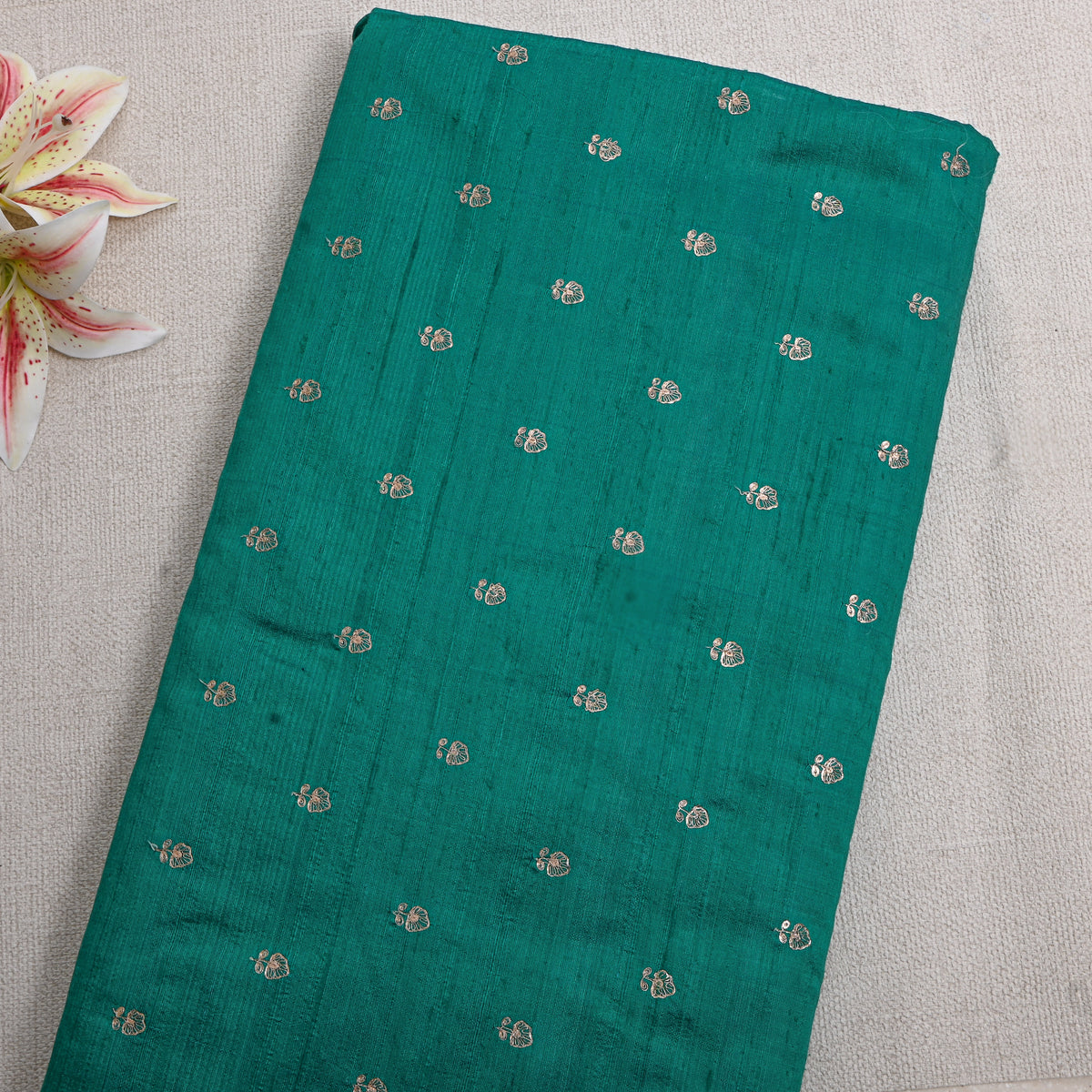 Sea Green Gold Zari Butti Raw Silk Fabric