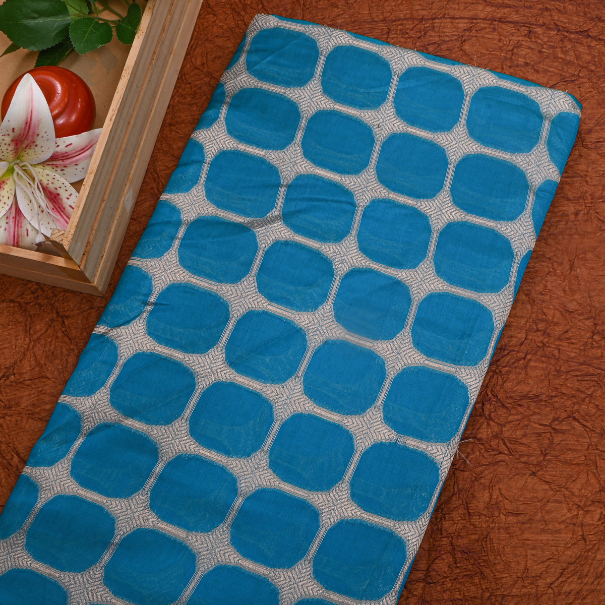 Blue Gold Zari Self Weave Banarasi Silk Fabric