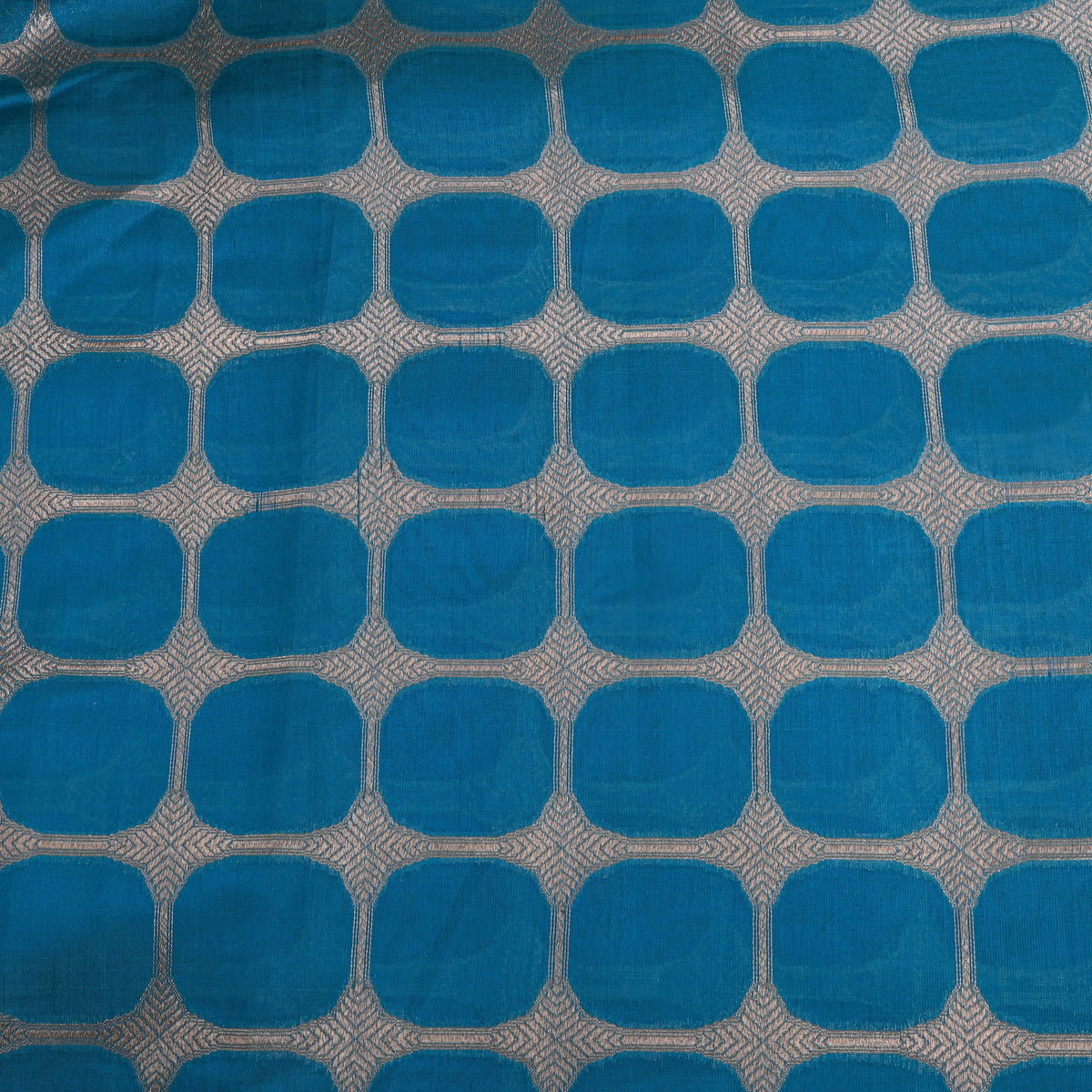 Blue Gold Zari Self Weave Banarasi Silk Fabric