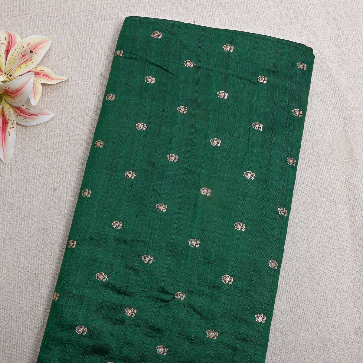 Bottle Green Silver Zari Butti Raw Silk Fabric