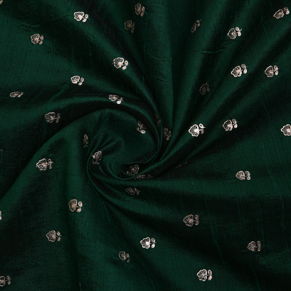 Bottle Green Silver Zari Butti Raw Silk Fabric