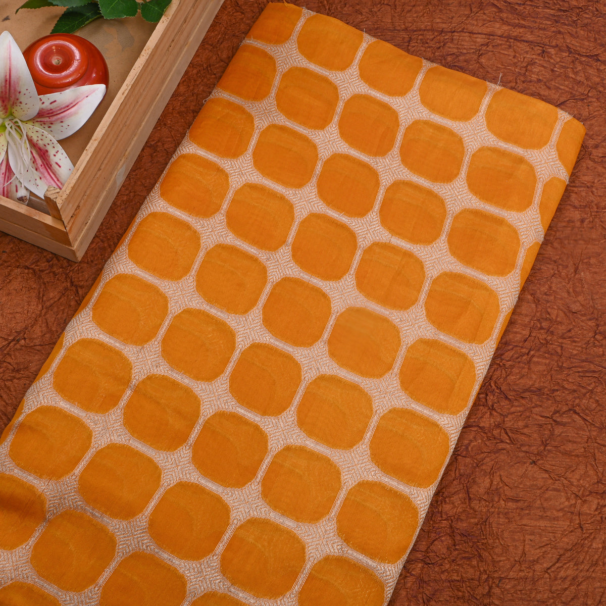 Coral Orange With Gold Zari Rouned Checked Banarasi Silk Fabric