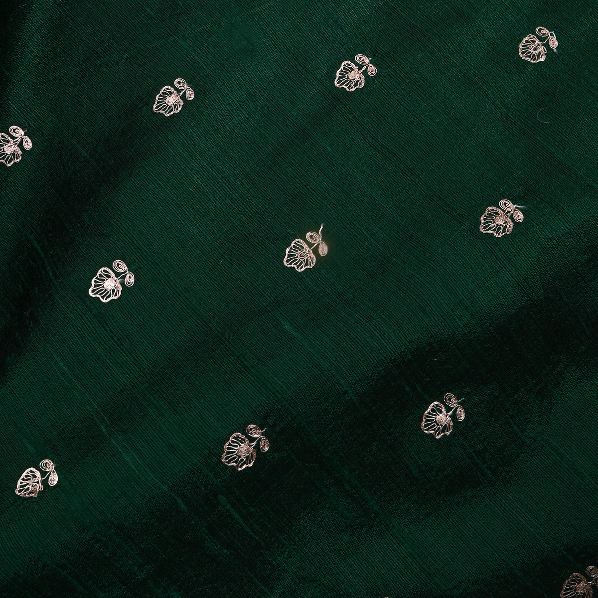 Bottle Green Silver Zari Butti Raw Silk Fabric