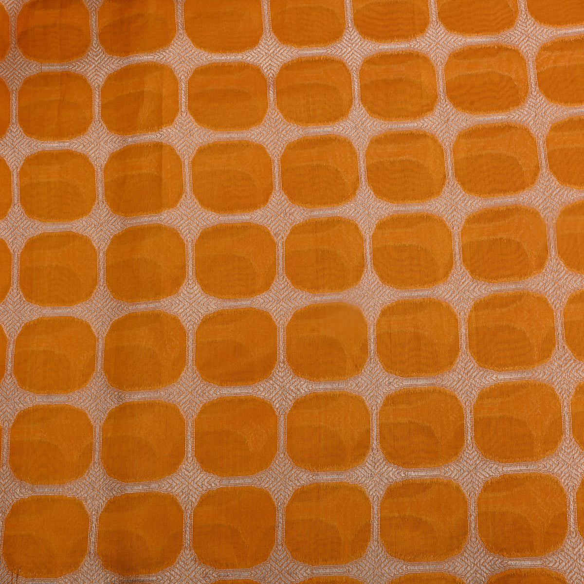 Coral Orange With Gold Zari Rouned Checked Banarasi Silk Fabric