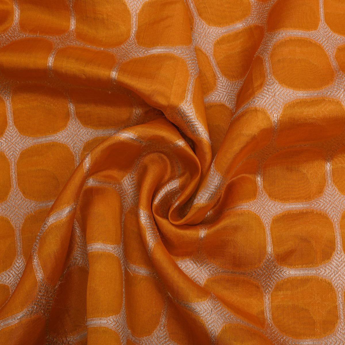 Coral Orange With Gold Zari Rouned Checked Banarasi Silk Fabric
