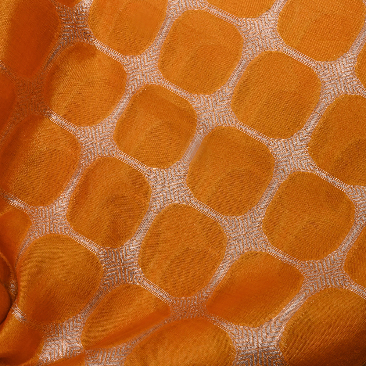 Coral Orange With Gold Zari Rouned Checked Banarasi Silk Fabric