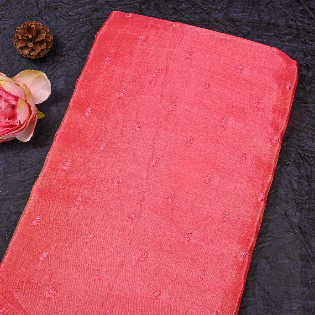Watermelon Pink Floral Butti Thread Work Tissue Fabric