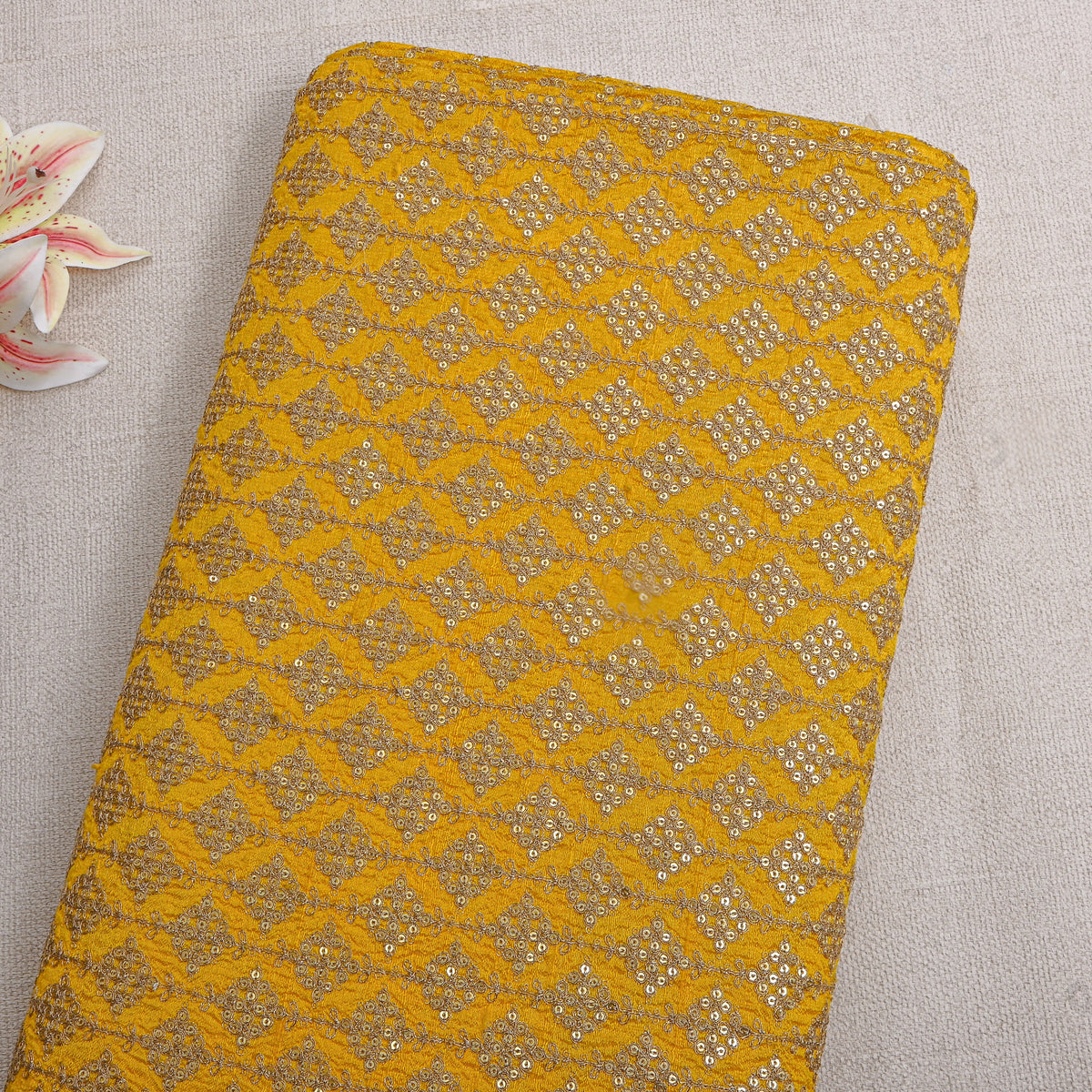 Mustard Yellow Geometric Square Embroidery Raw Silk Fabric