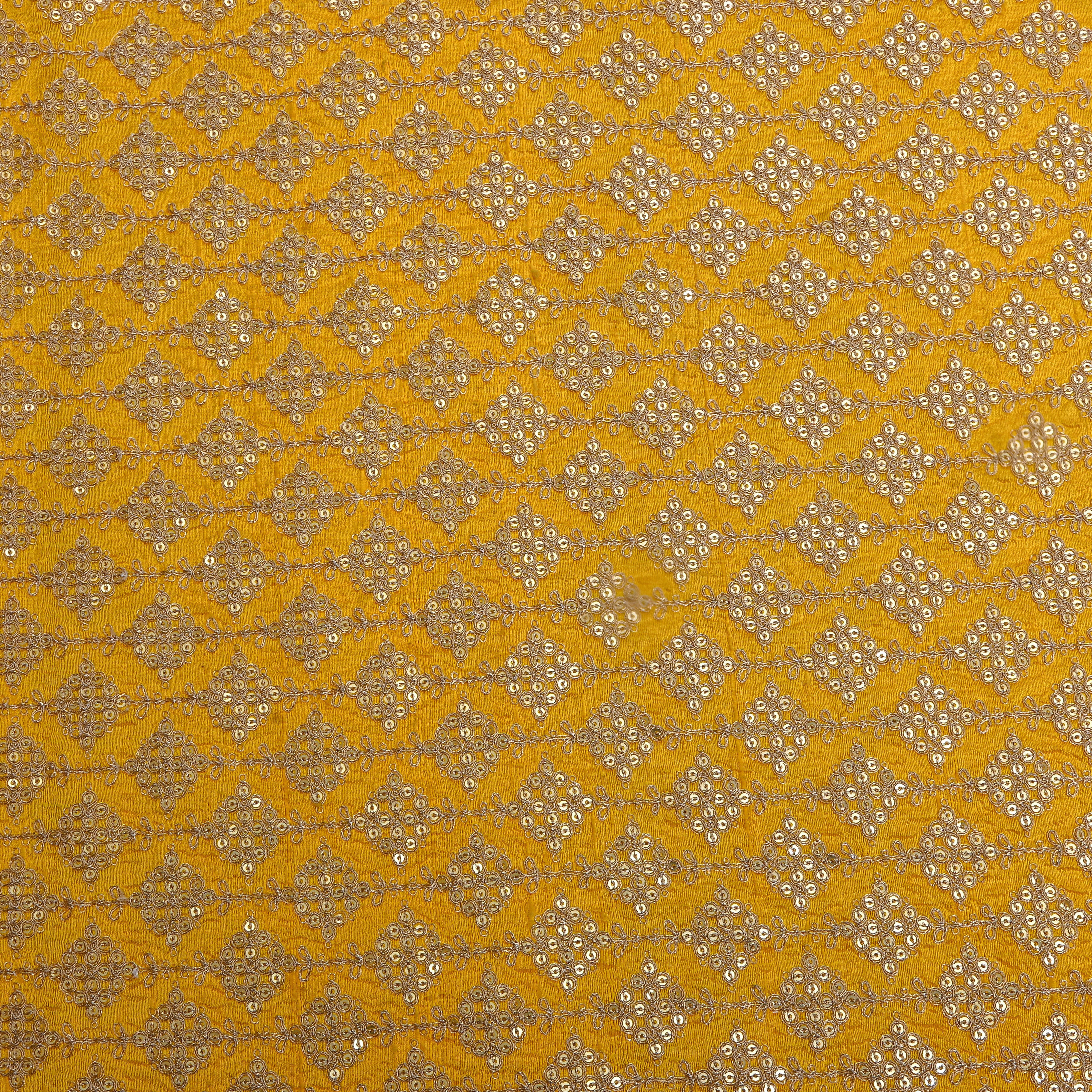 Mustard Yellow Geometric Square Embroidery Raw Silk Fabric