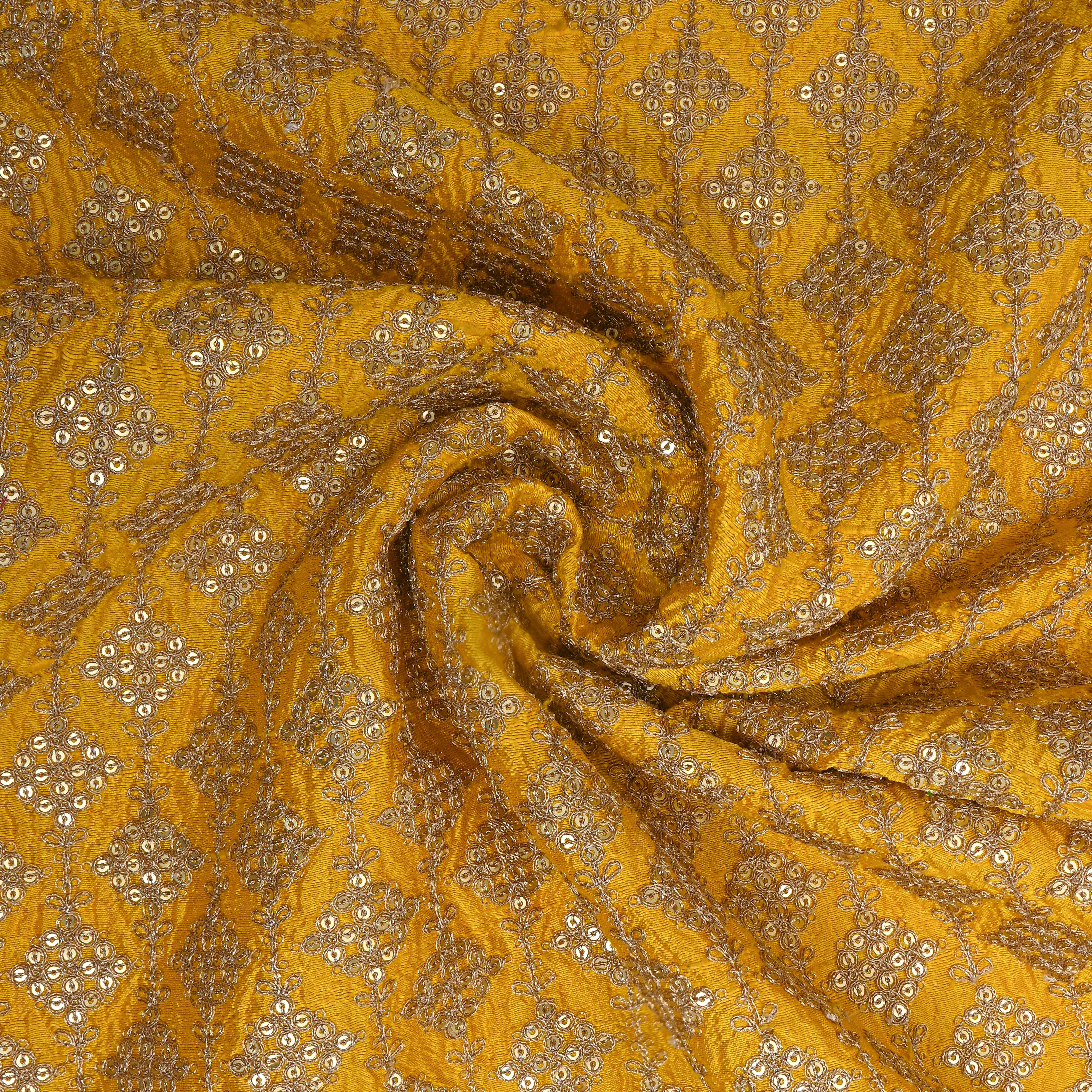 Mustard Yellow Geometric Square Embroidery Raw Silk Fabric
