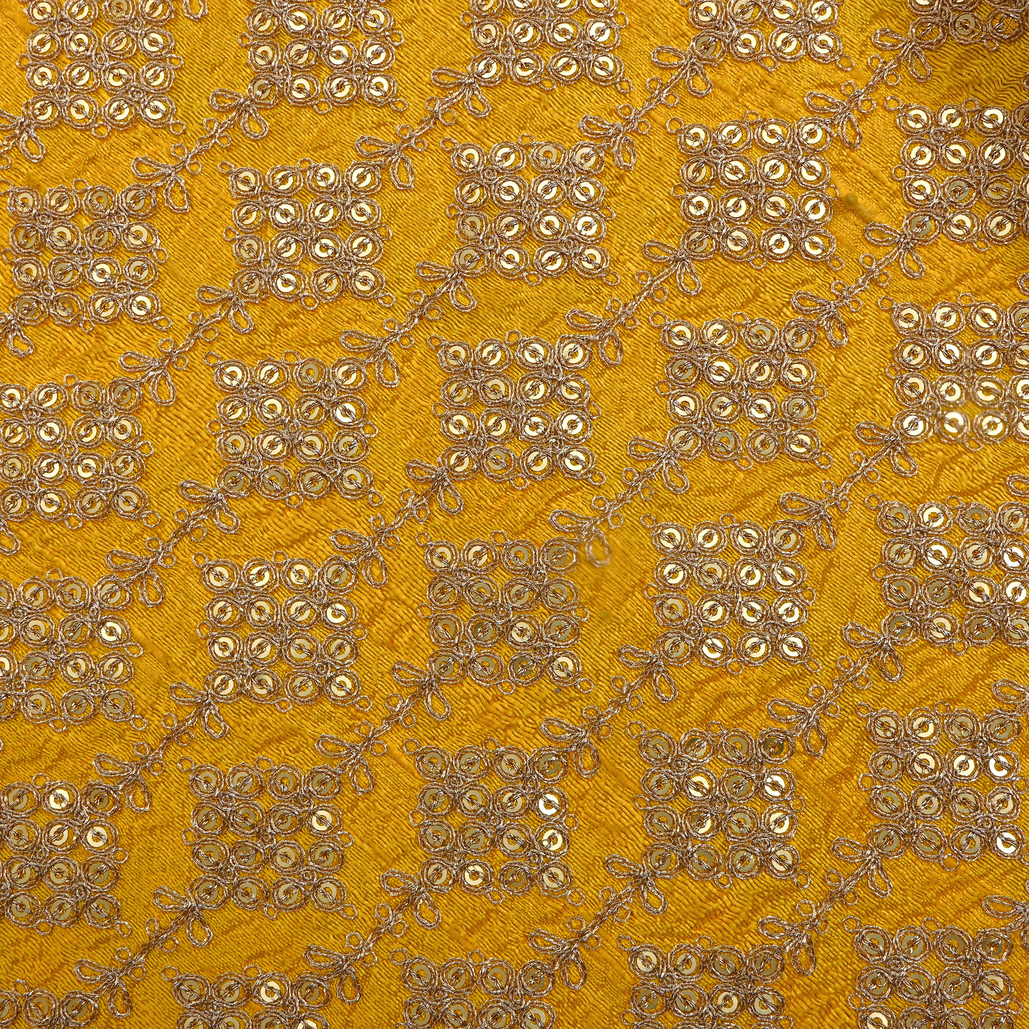 Mustard Yellow Geometric Square Embroidery Raw Silk Fabric