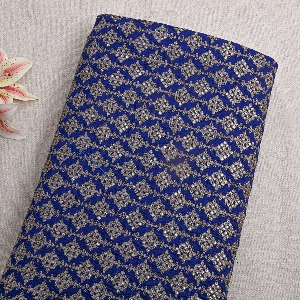 Royal Blue Geometric Embroidery Raw Silk Fabric