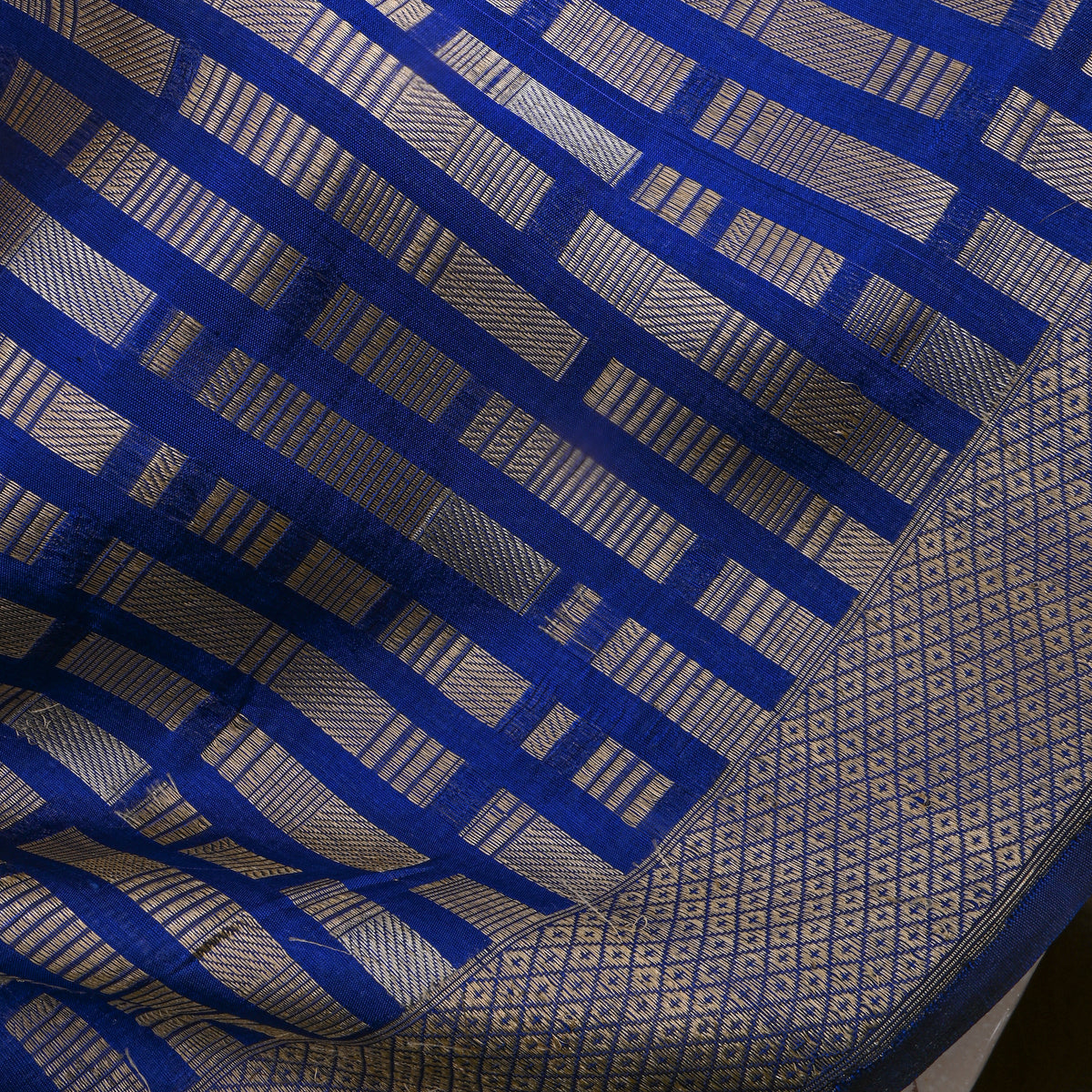 Blue Self Gold Stripe Banarasi Silk Fabric