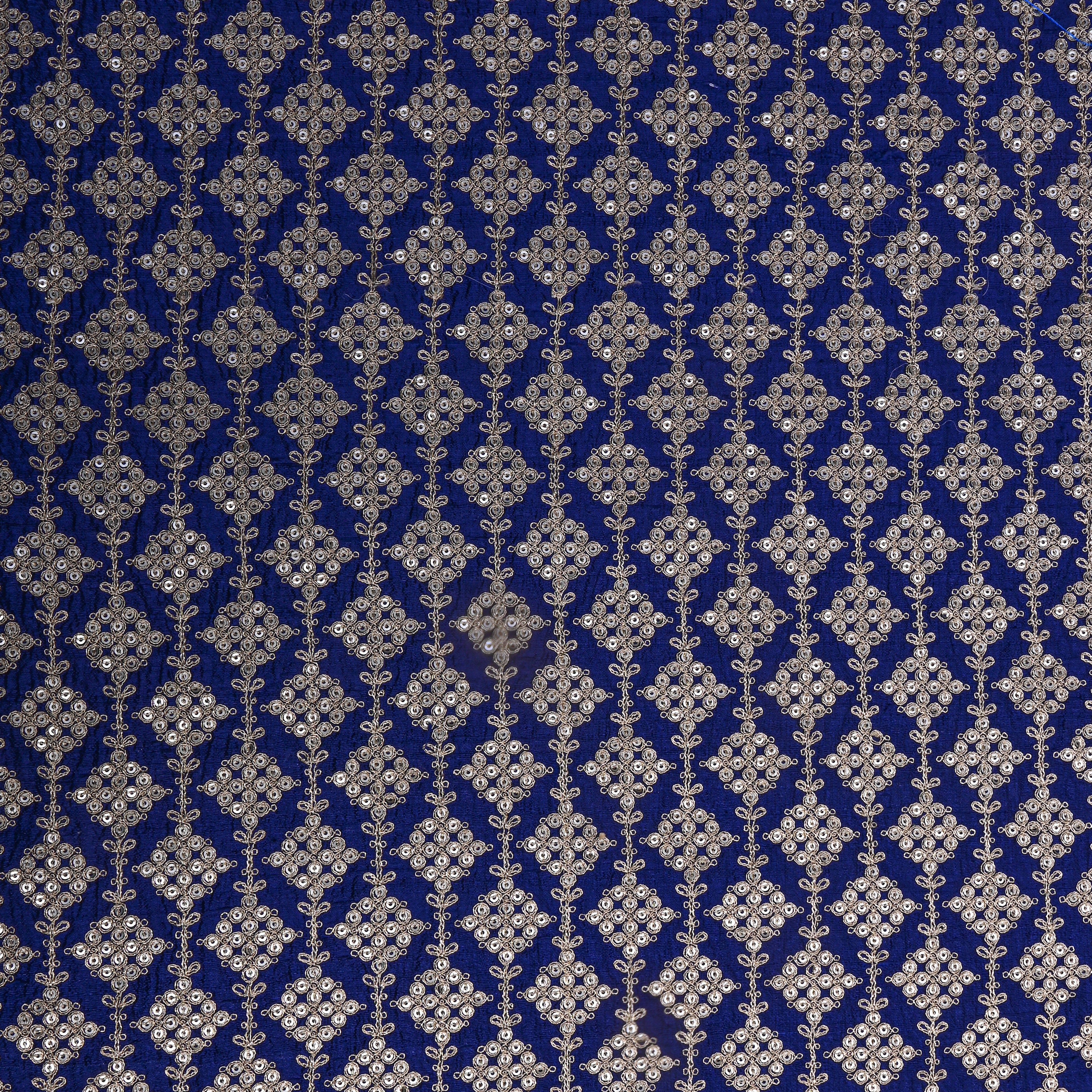 Royal Blue Geometric Embroidery Raw Silk Fabric