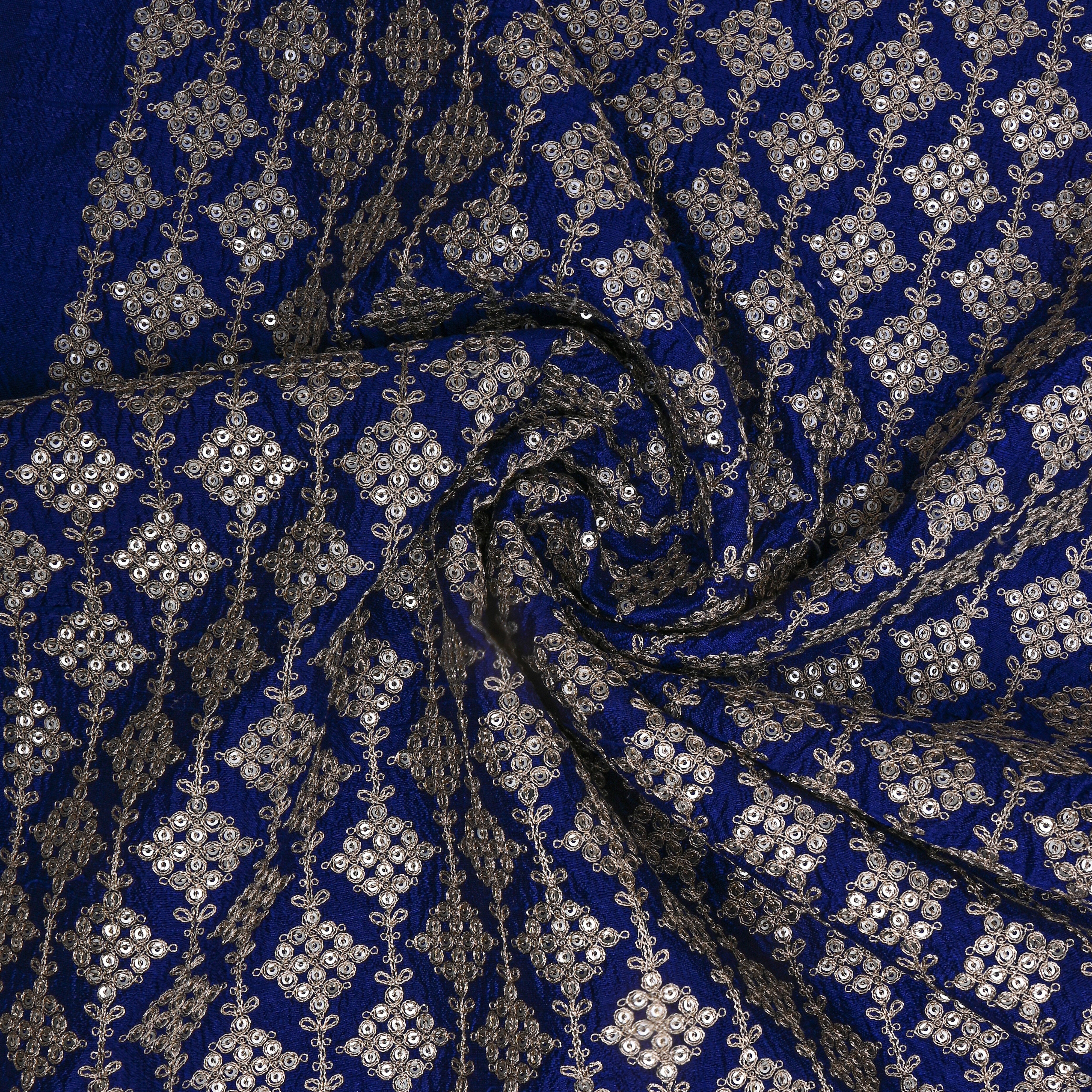 Royal Blue Geometric Embroidery Raw Silk Fabric
