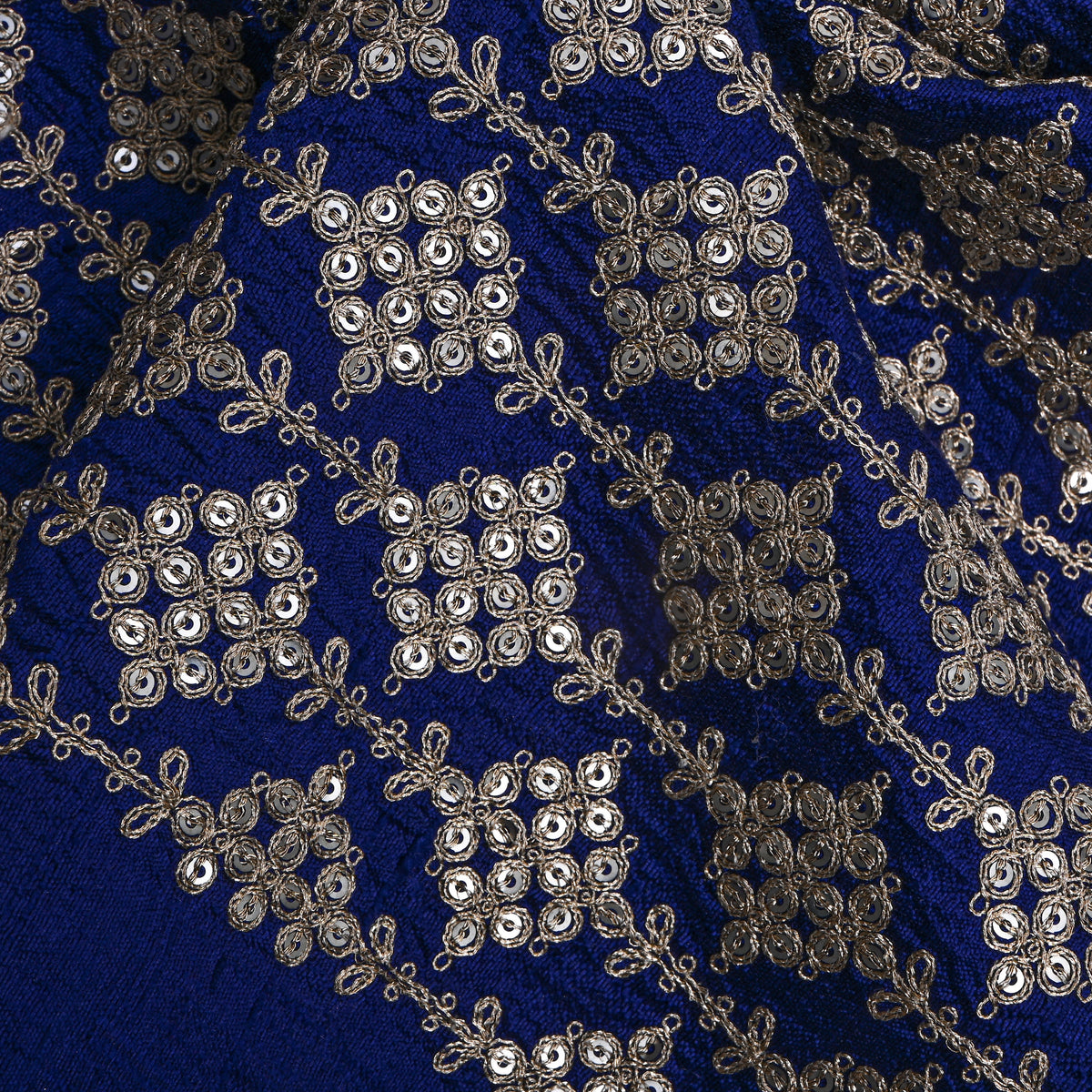 Royal Blue Geometric Embroidery Raw Silk Fabric