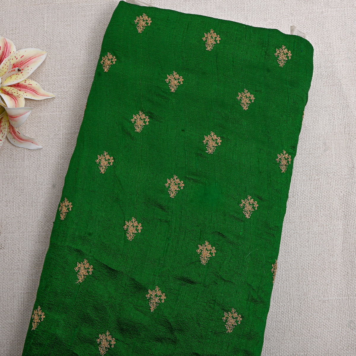 Vintage Green With Silver Zari Butti Raw Silk Fabric