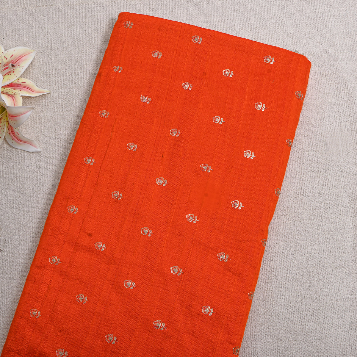 Tangerine Orange Gold Zari Butti Raw Silk Fabric
