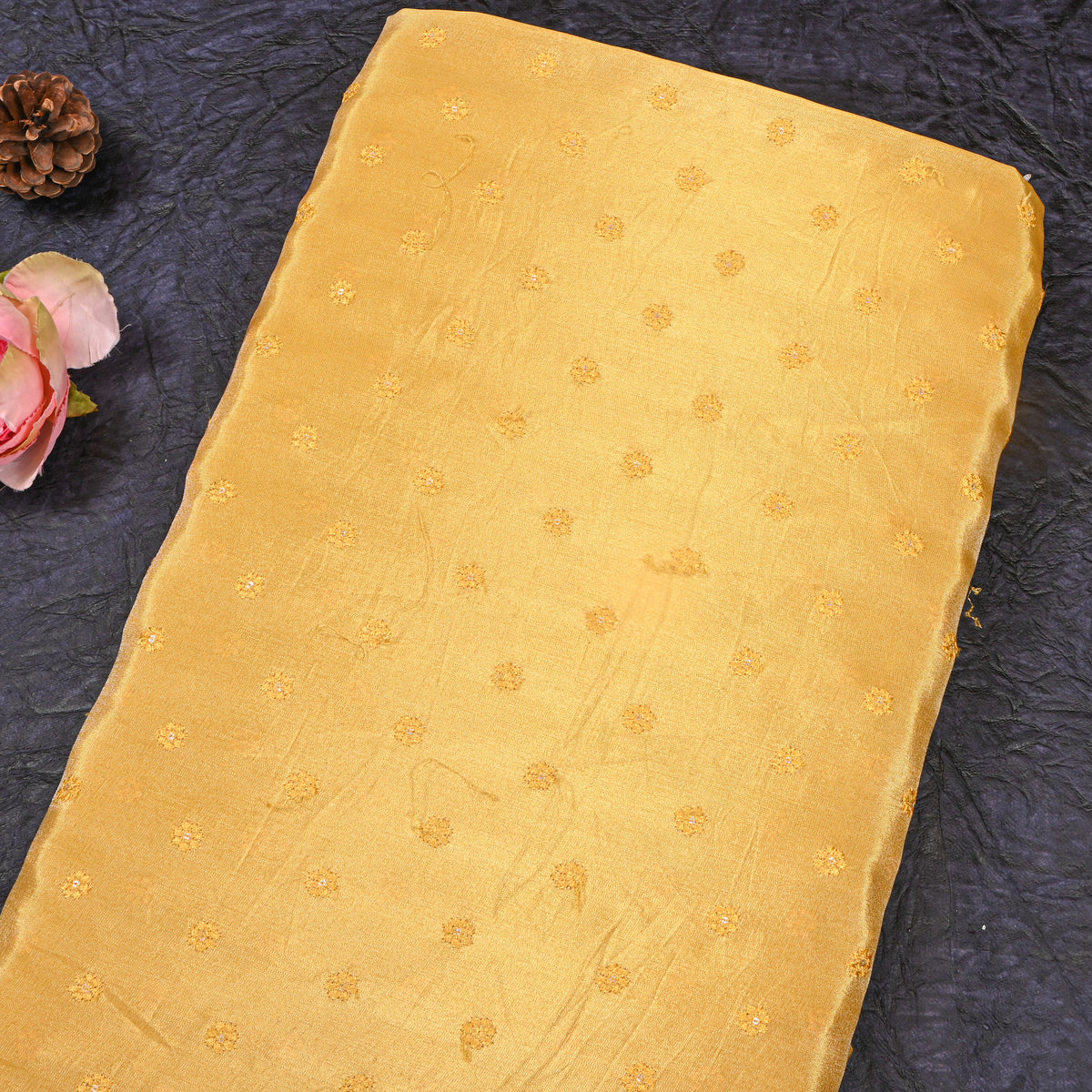 Straw Floral Butti Thread Work Embroidery Tissue Fabric